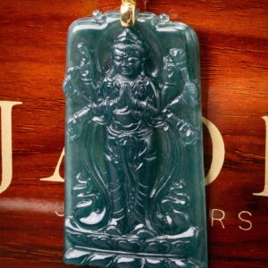 Standing Guan Yin 100 Arms Bodhisattva Blue Water Jade Pendant