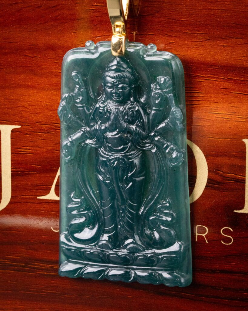 Standing Guan Yin 100 Arms Bodhisattva Blue Water Jade Pendant