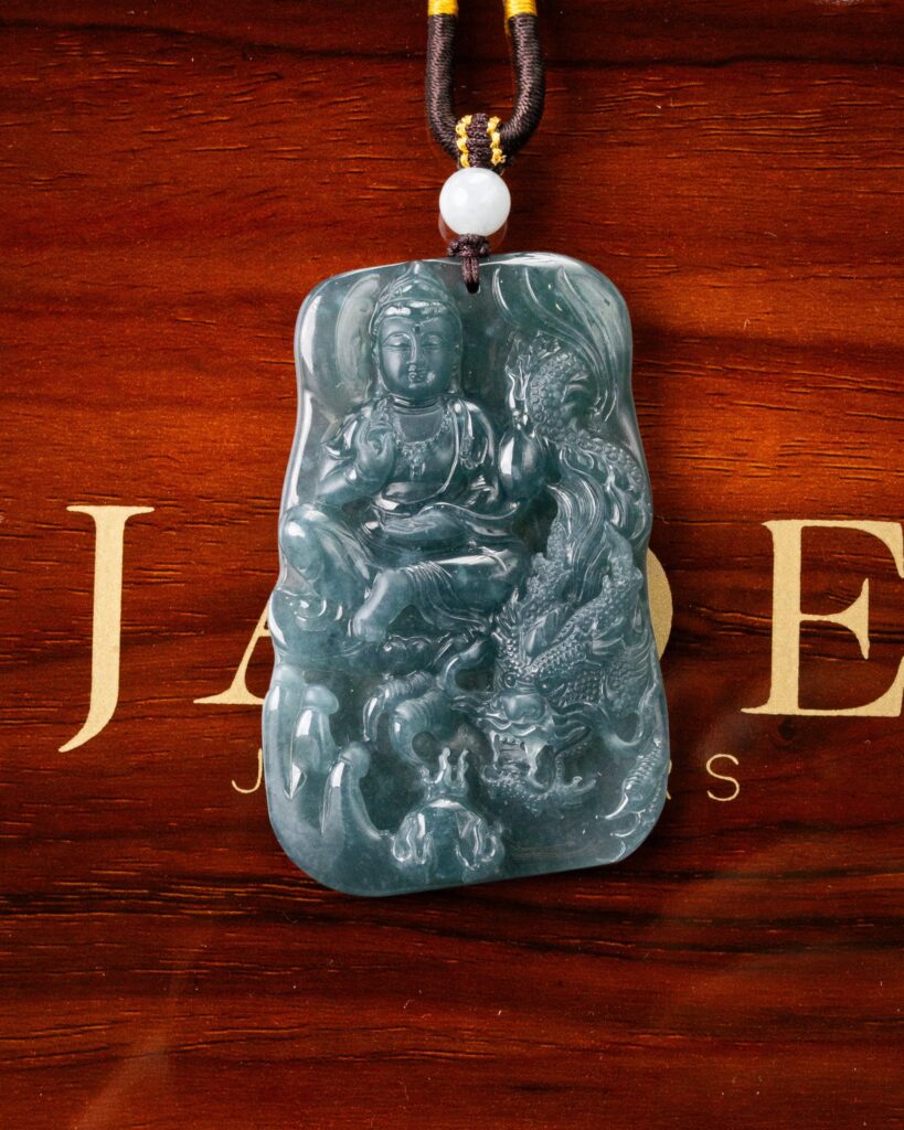 Blue Water Meditating Buddha Gliding Dragon Jade Pendant