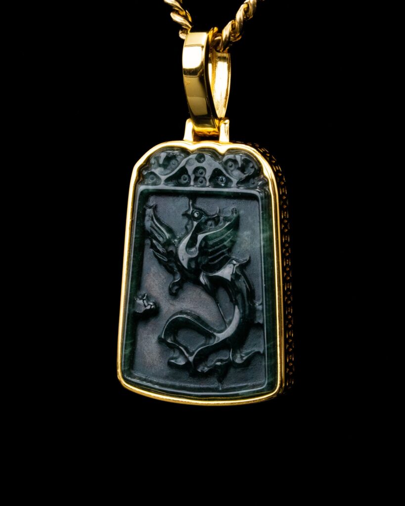 Golden Lucky Coin Wrapped Micro Phoenix Jade Pendant