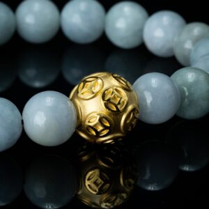 Gold Lucky Coin Ball Charm White Beaded Jade Bracelet