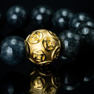 Gold Lucky Coin Ball Charm Large Black Beaded Bracelet
