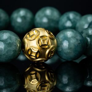 Gold Lucky Coin Ball Charm Large Green Beaded Jade Bracelet