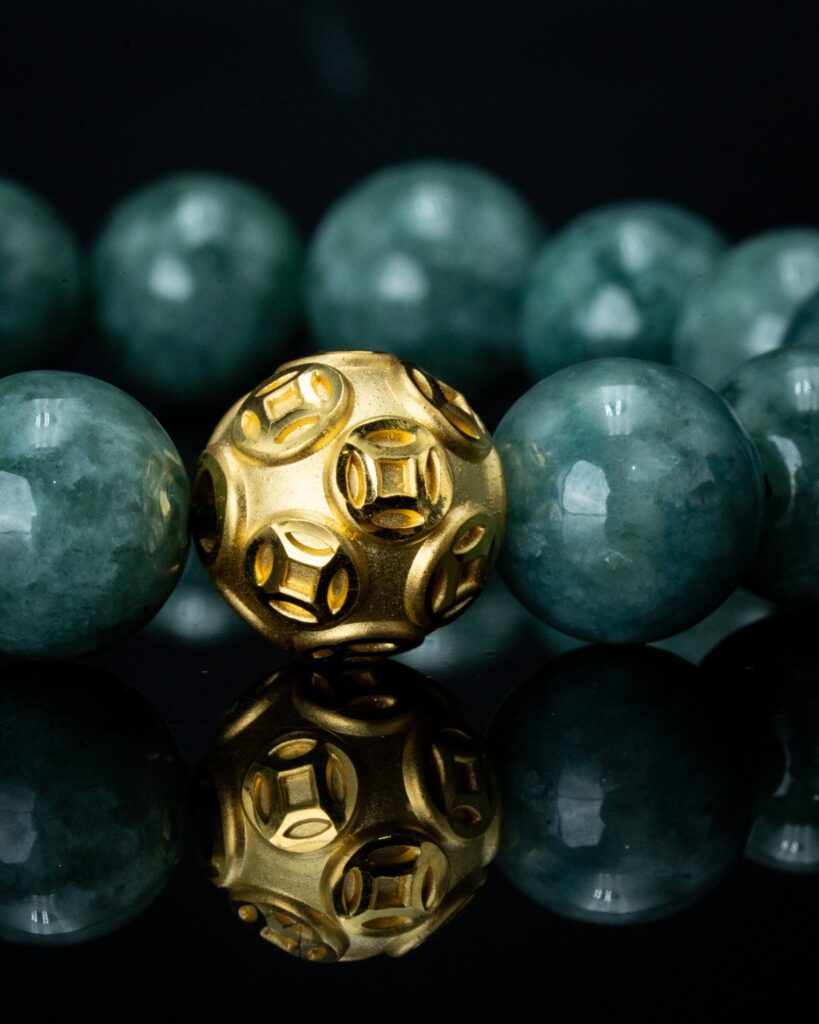 Gold Lucky Coin Ball Charm Large Green Beaded Jade Bracelet