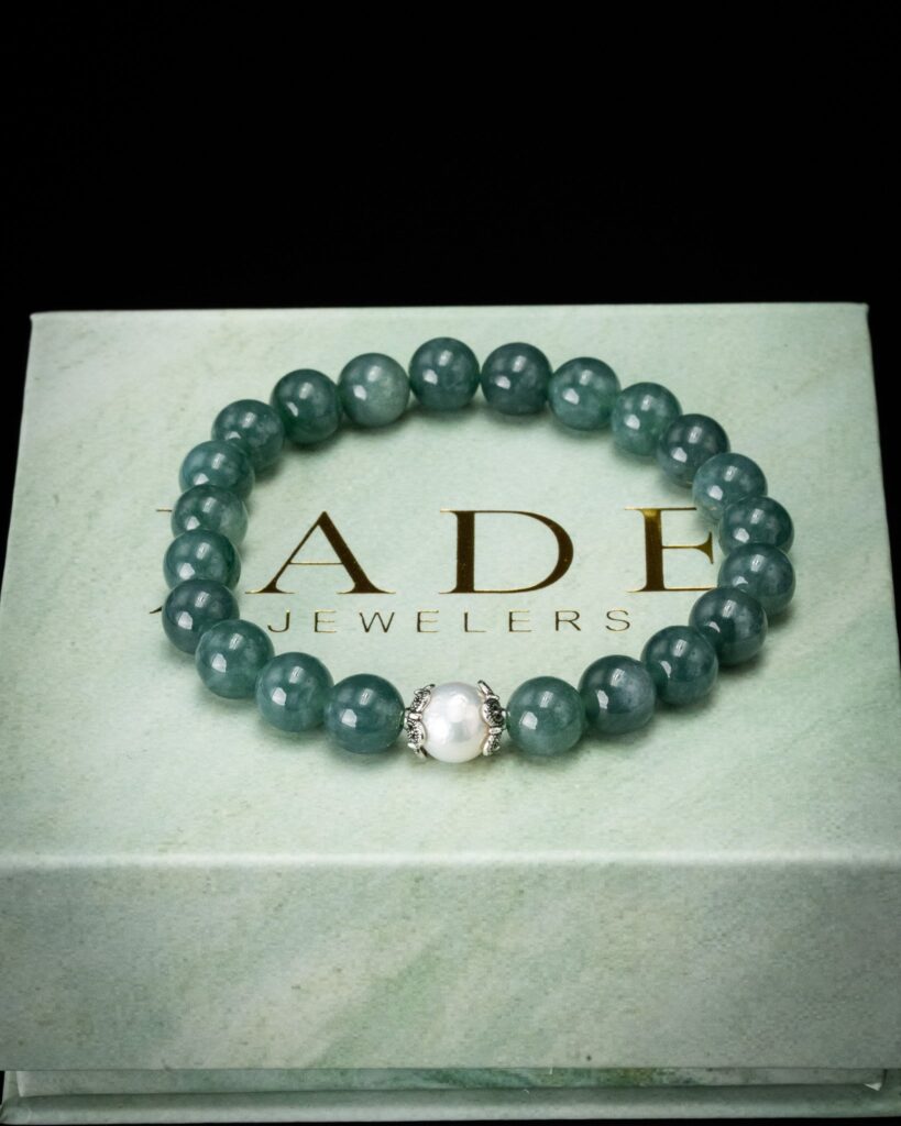 Silver Floral Pearl Blue Water Beaded Jade Bracelet